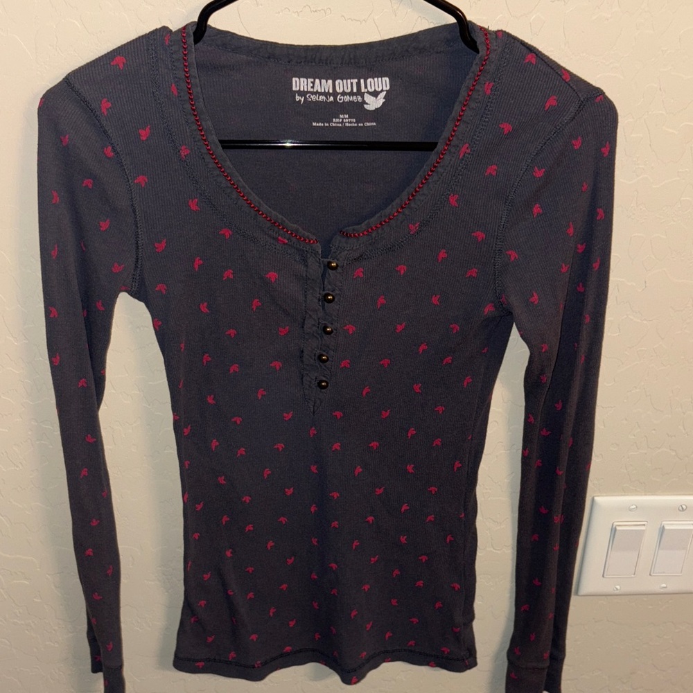 Selena Gomez Long Sleeve Top in Gray with Pink Details